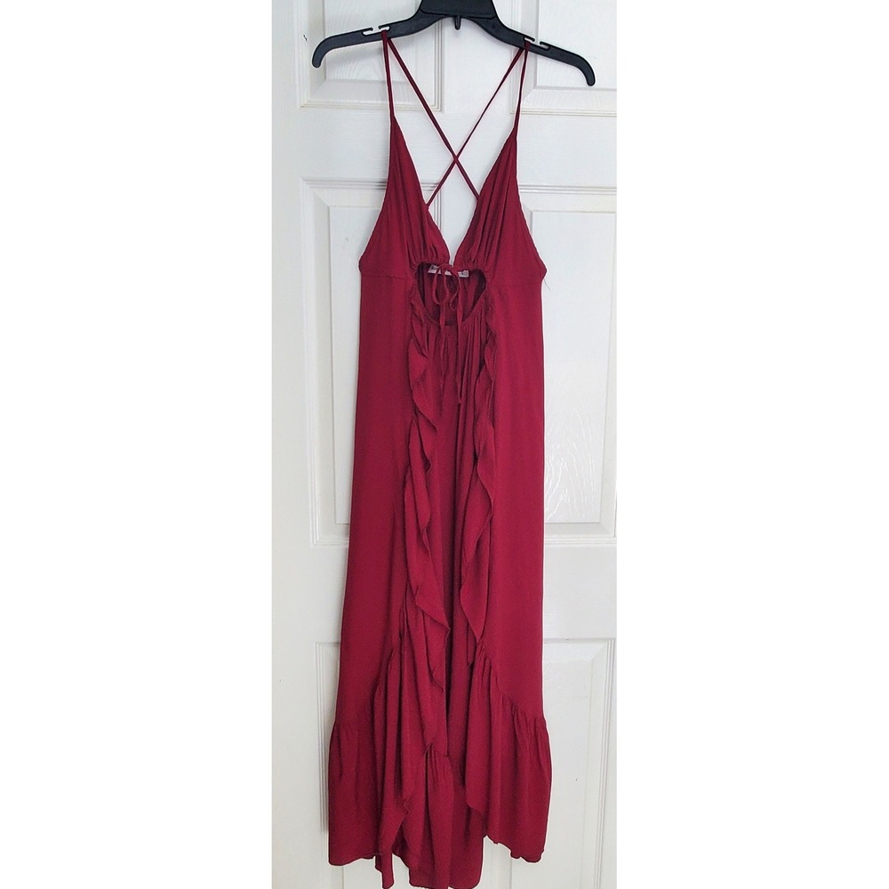 Rusttydustty Maxi Dress Burgundy Ruffle Cutout Strappy Boho Layering Beach L